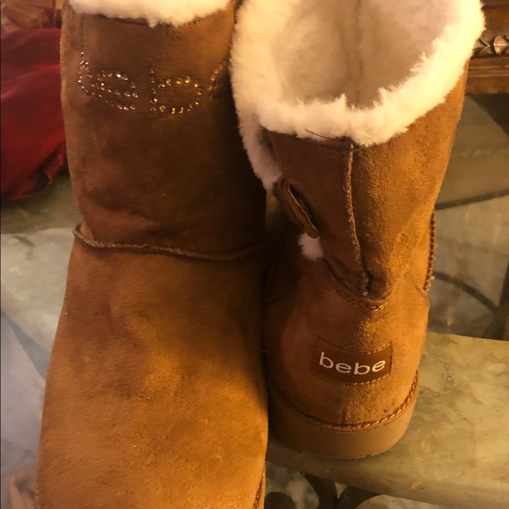 BEBE Brown Ankle Boots with White Fur Lining